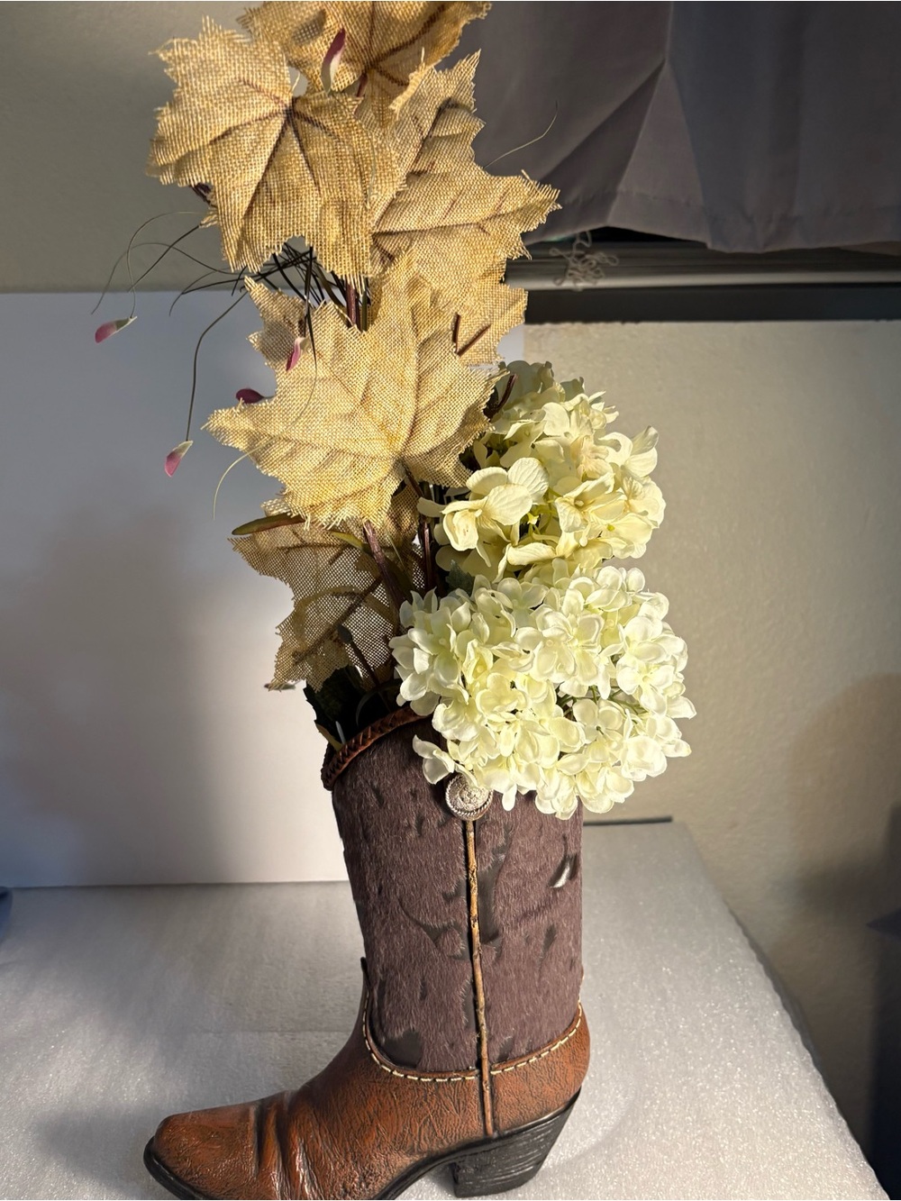 Rustic Brown Boot Vase with Cream Hydrangea Accent